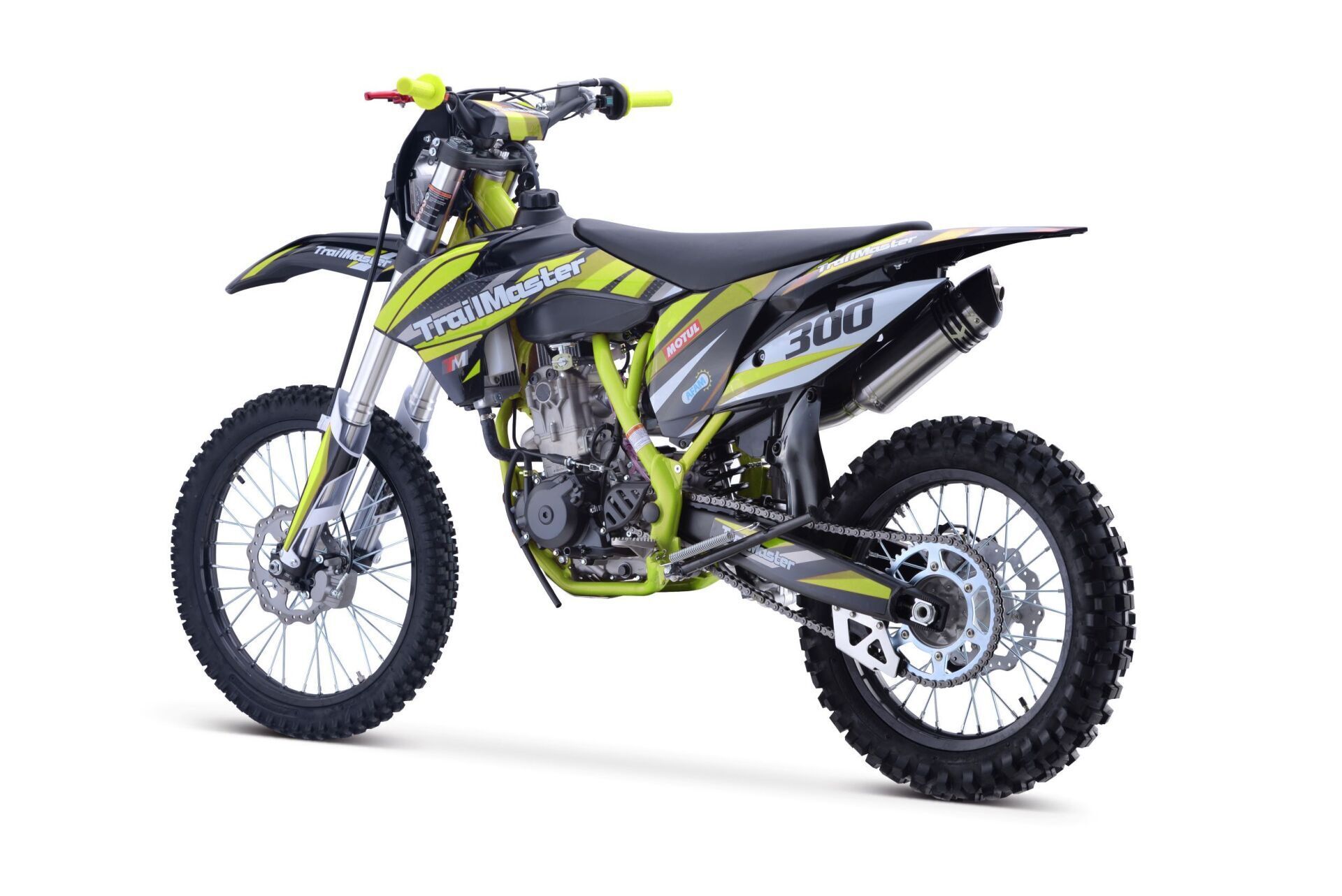 A yellow and black dirt bike is on a white background.