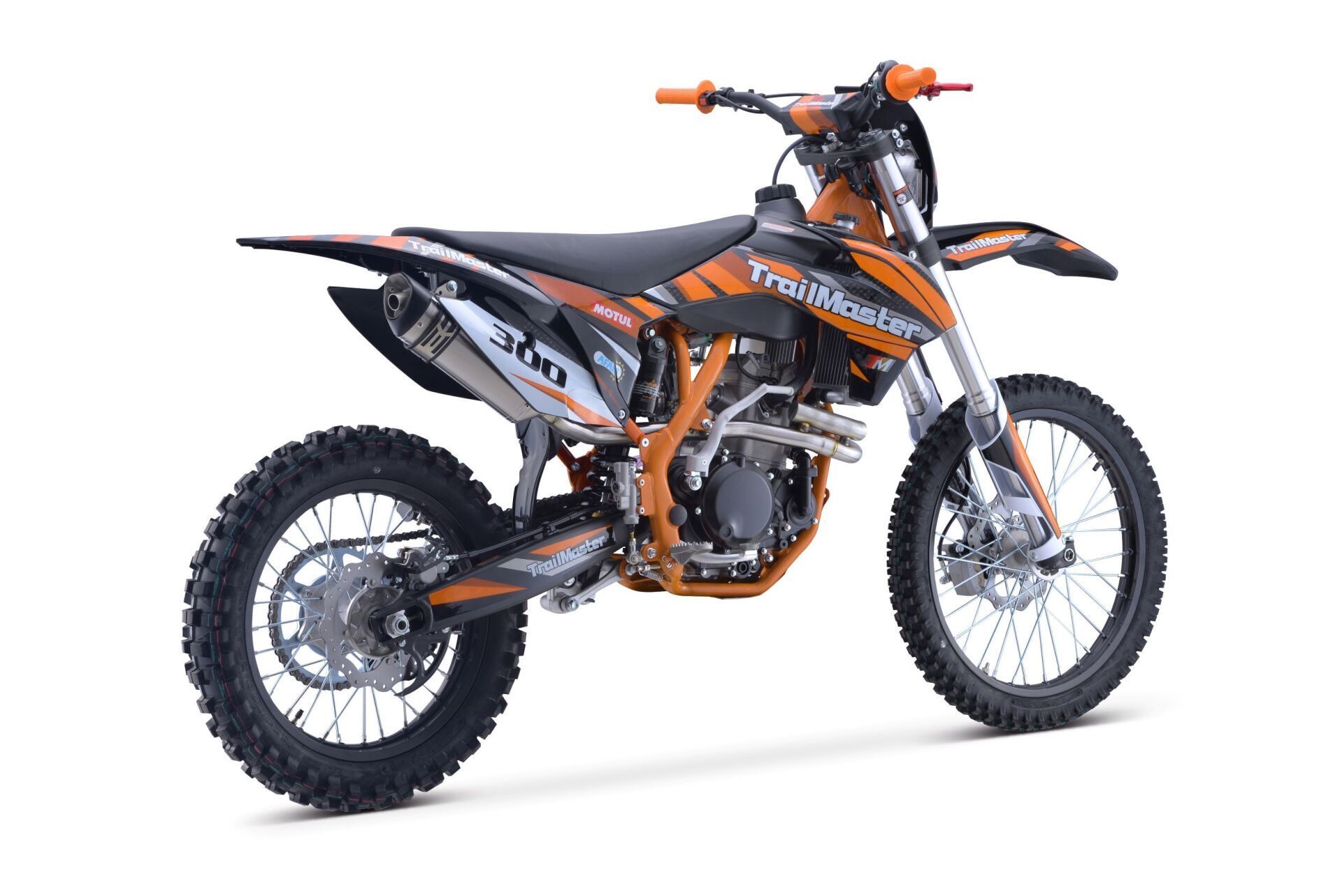 A dirt bike is shown on a white background.