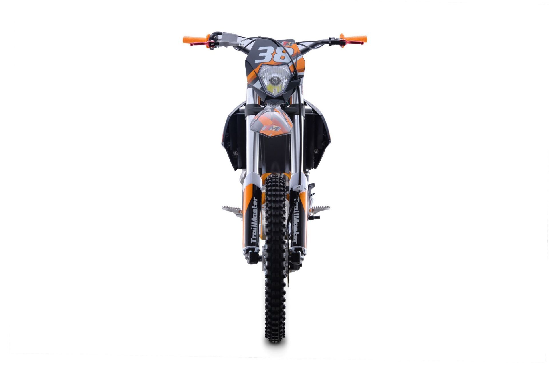 The front of a dirt bike is shown on a white background.