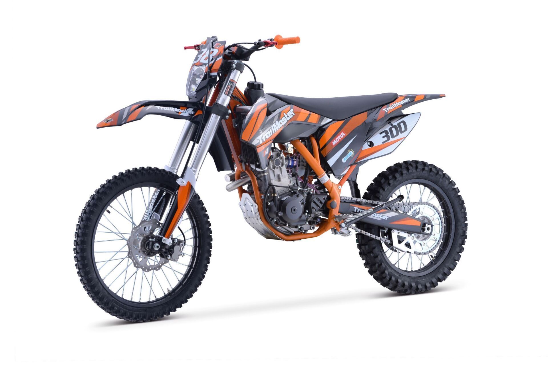 A dirt bike is shown on a white background.