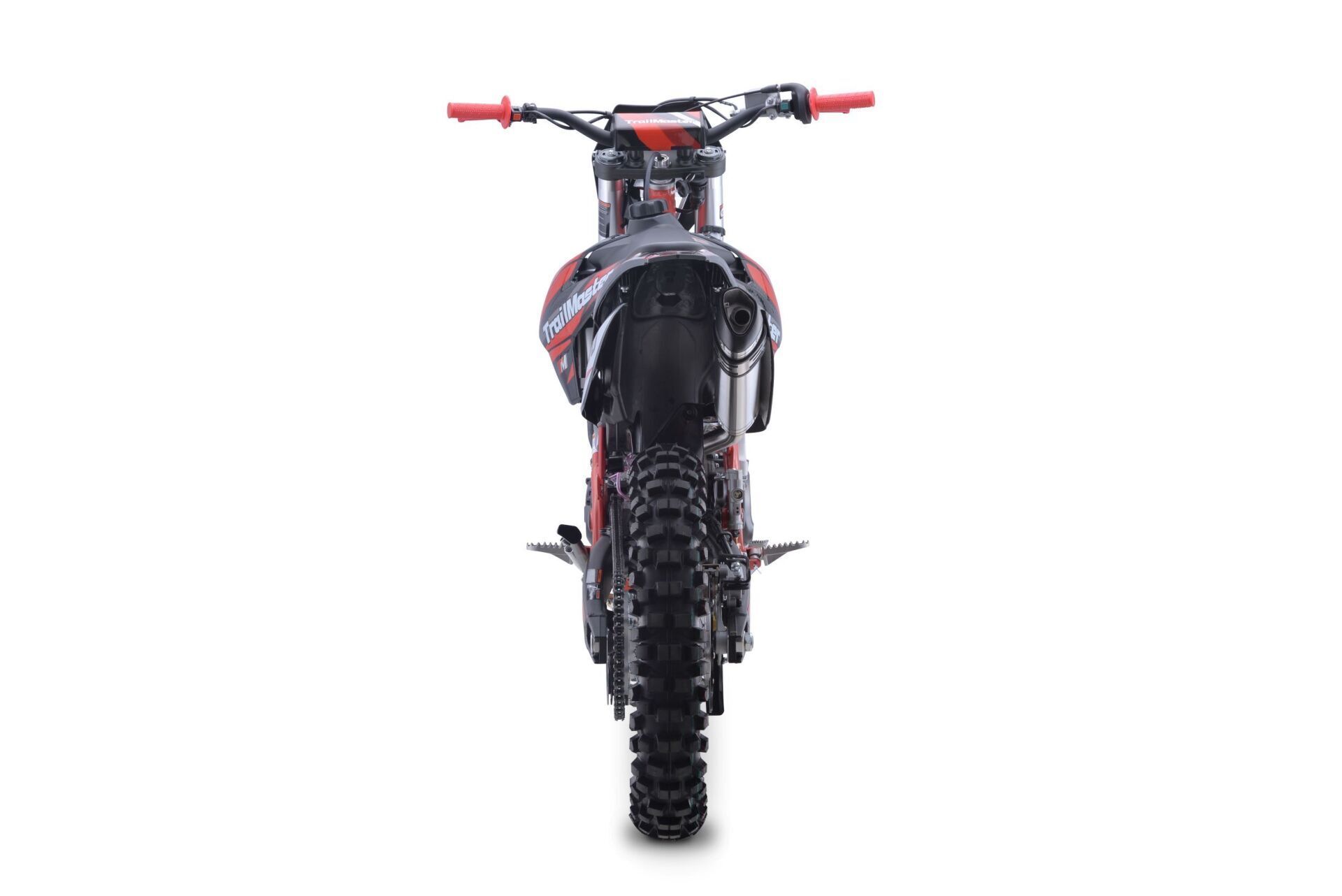 The back of a red and black dirt bike on a white background.