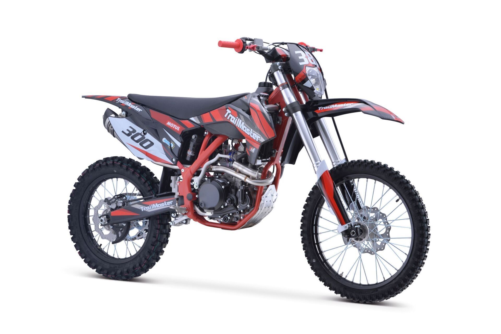 A red and black dirt bike on a white background.