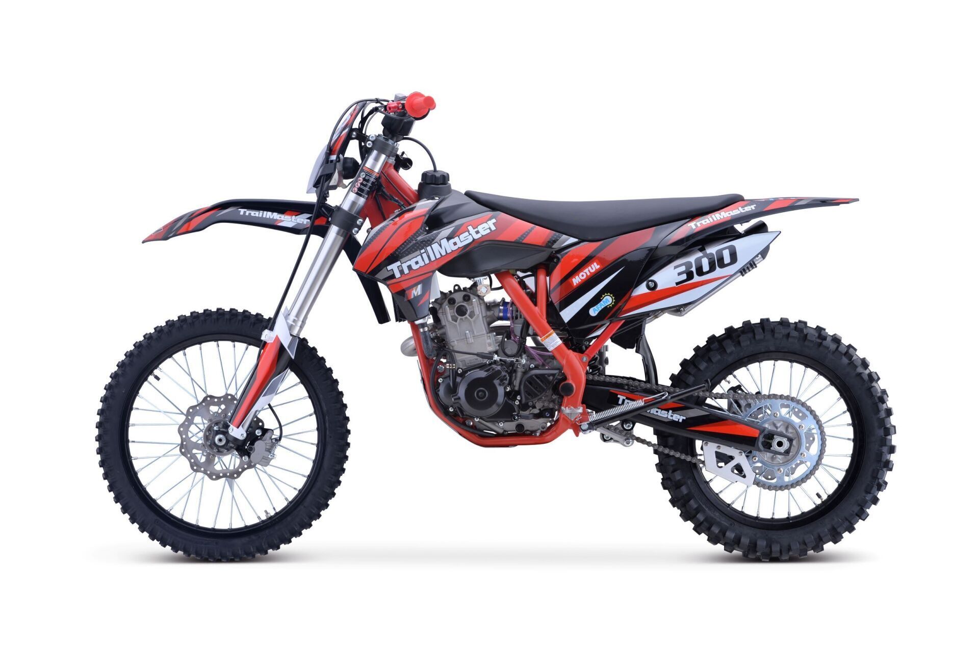A red and black dirt bike on a white background.