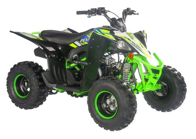 A green and yellow atv with green wheels on a white background.