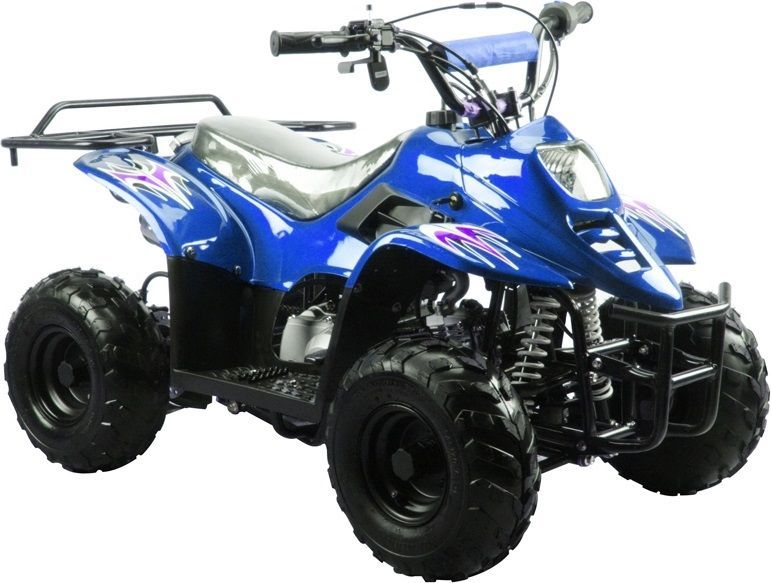 A blue atv with black wheels on a white background