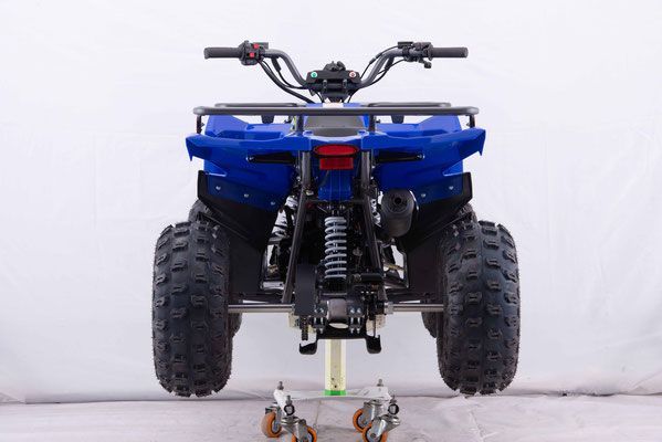 The back of a blue atv is shown on a white background.