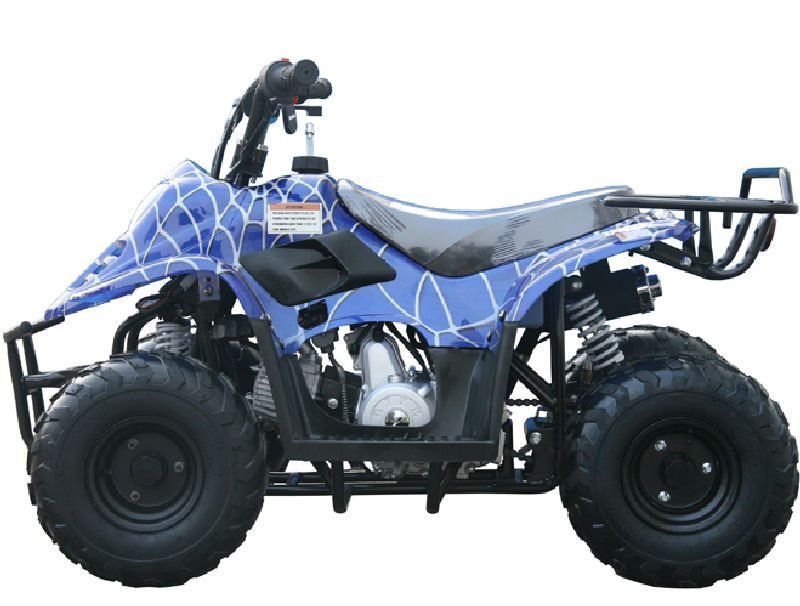 A blue atv with a spider web design on it
