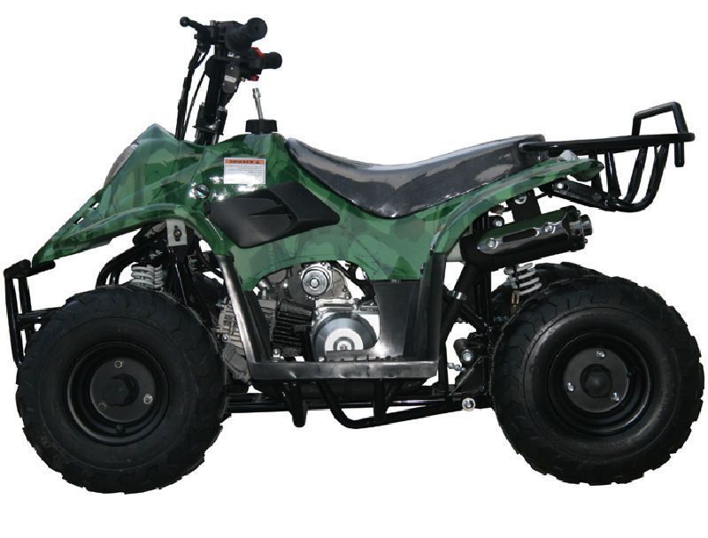 A green atv with black wheels on a white background