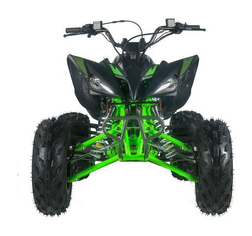 The front of a green and black atv on a white background.