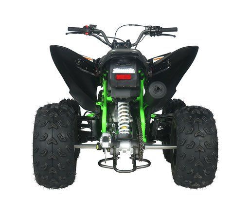 The back of a green and black atv on a white background.