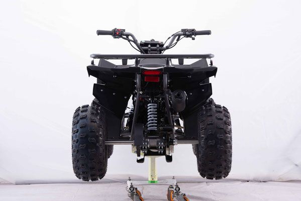 The back of a black atv is shown on a white background.