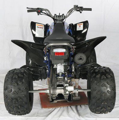 A black and blue atv is sitting on a wooden platform