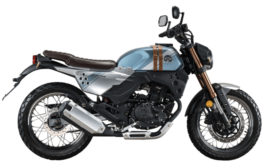 A blue and brown motorcycle is sitting on a white background.