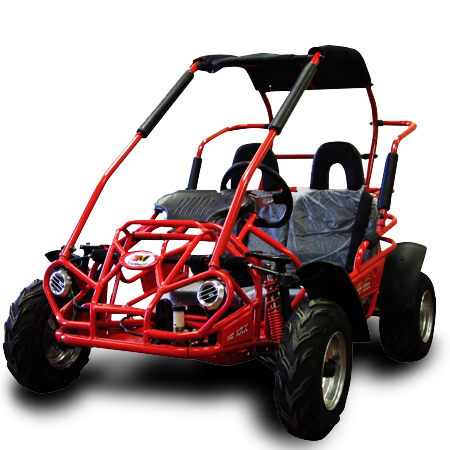 A red buggy with a black canopy is on a white background