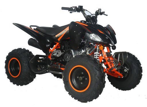 A black and orange atv is on a white background.