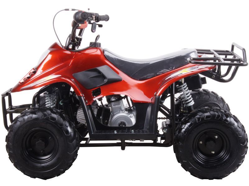 A red atv with black wheels on a white background