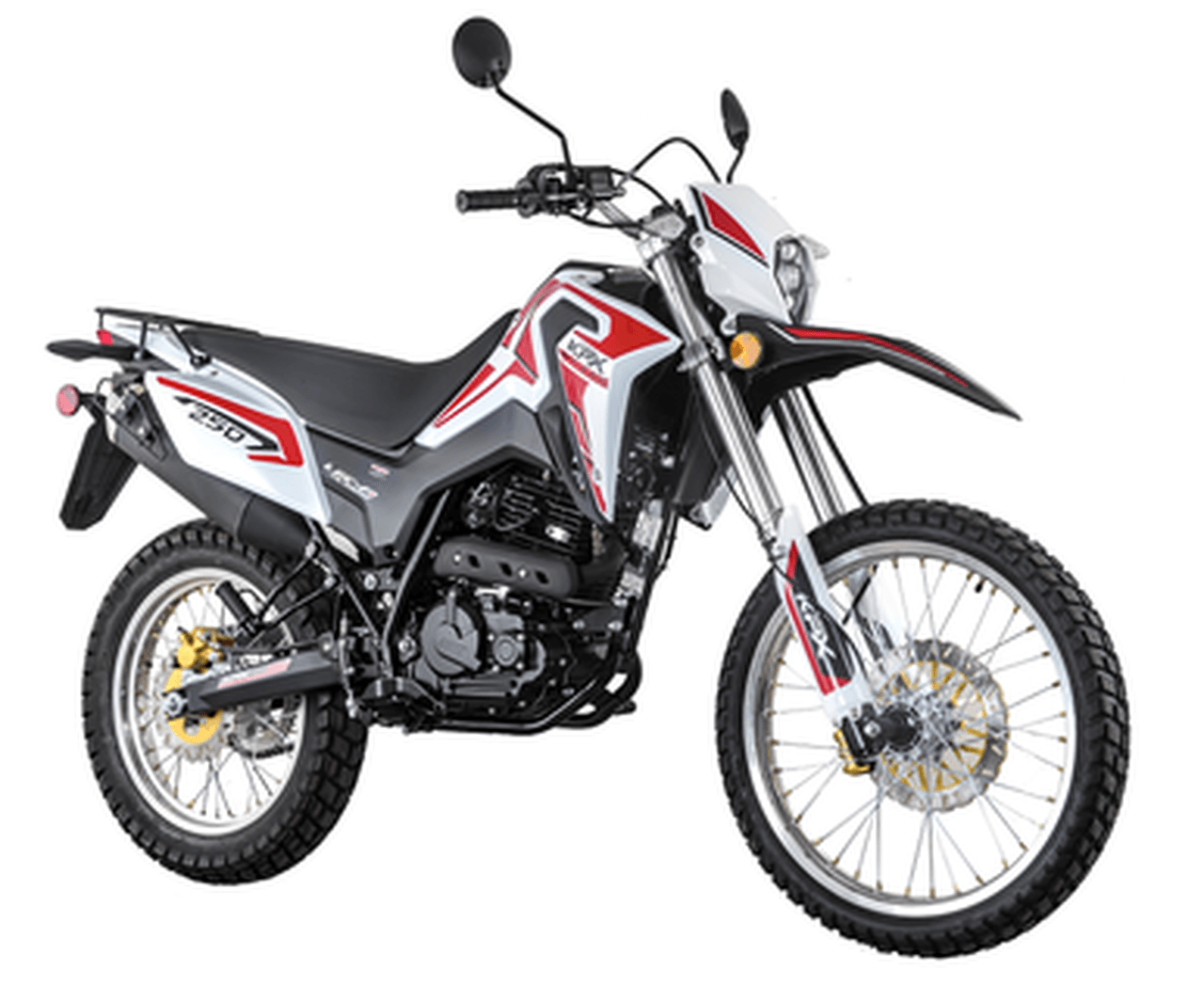 A red and white dirt bike is on a white background.
