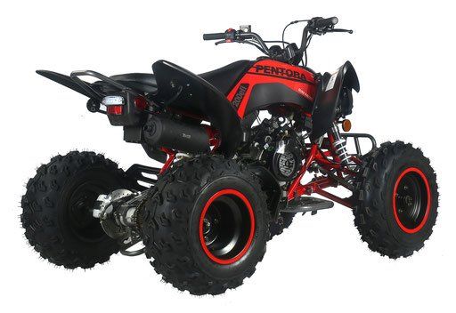 A black and red atv with large tires on a white background.