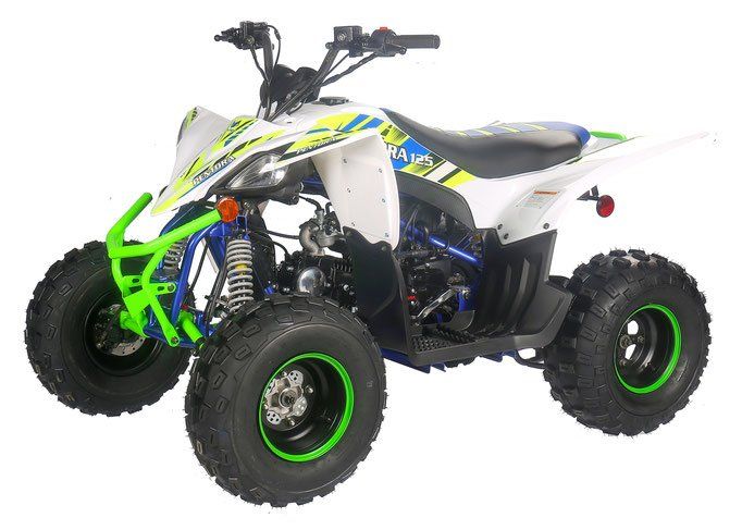 A white atv with green wheels on a white background.