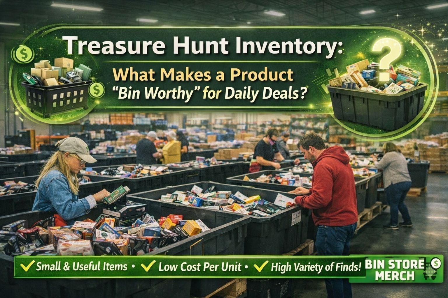 Treasure hunt style bin store inventory with shoppers sorting through bins of assorted daily deals