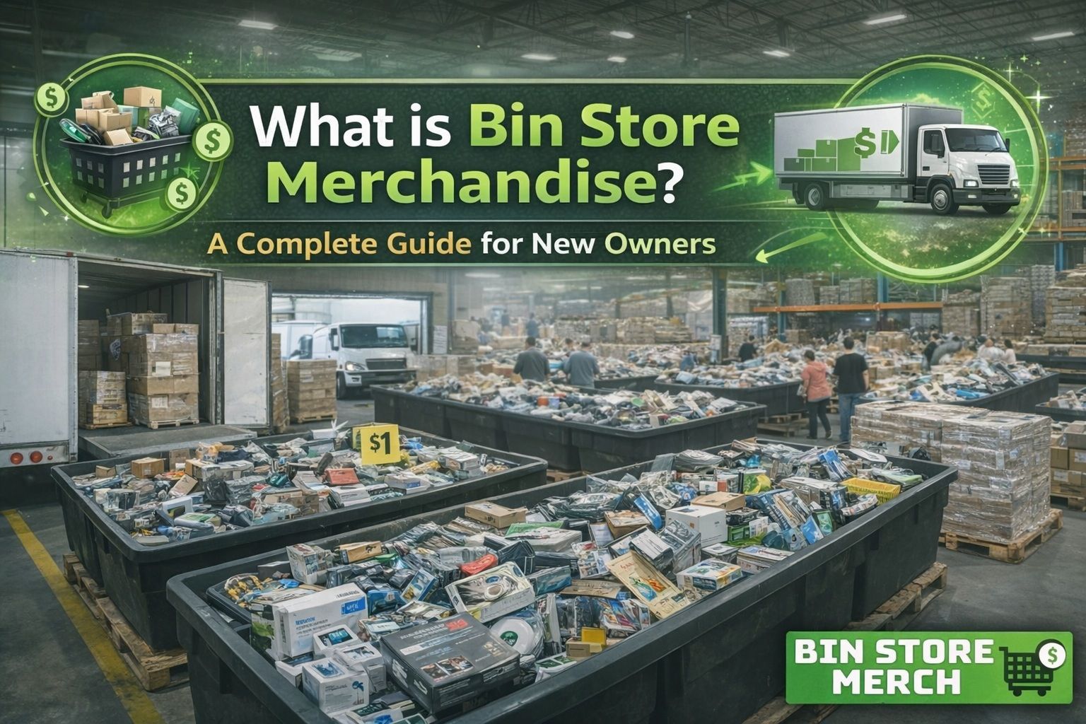 Bin store interior showing customers shopping unpicked liquidation merchandise from truckload bins.