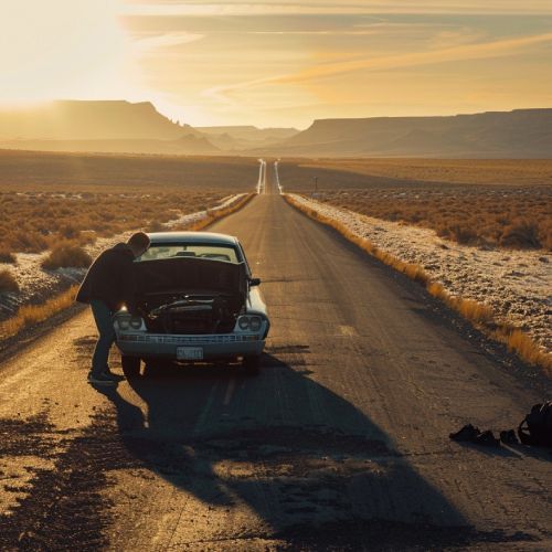 A man is looking under the hood of a broken down car.