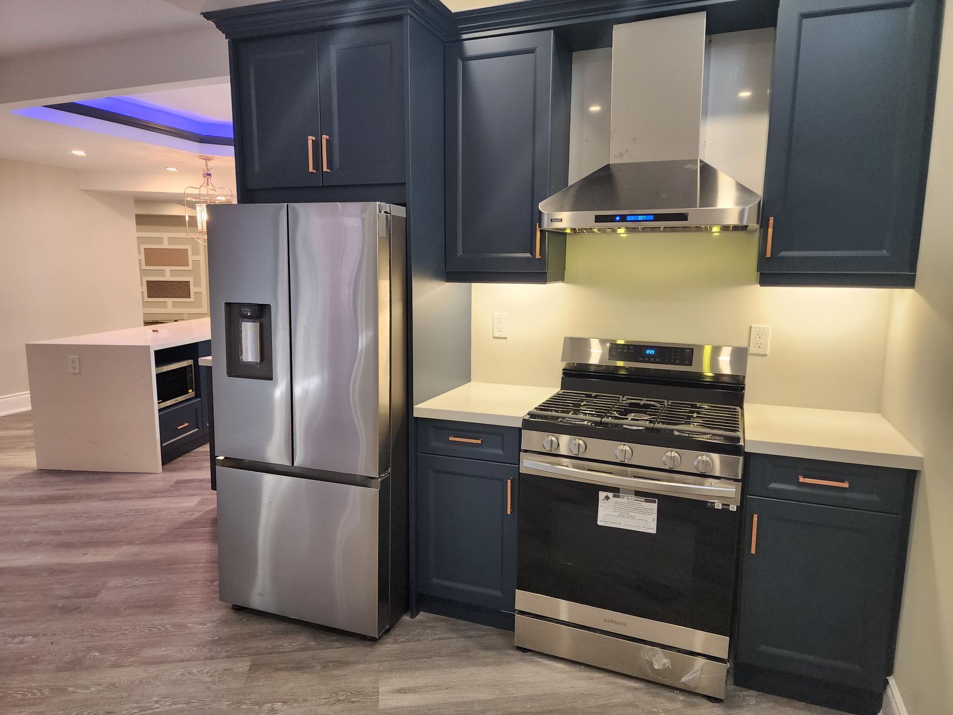 A kitchen with stainless steel appliances and blue cabinets.