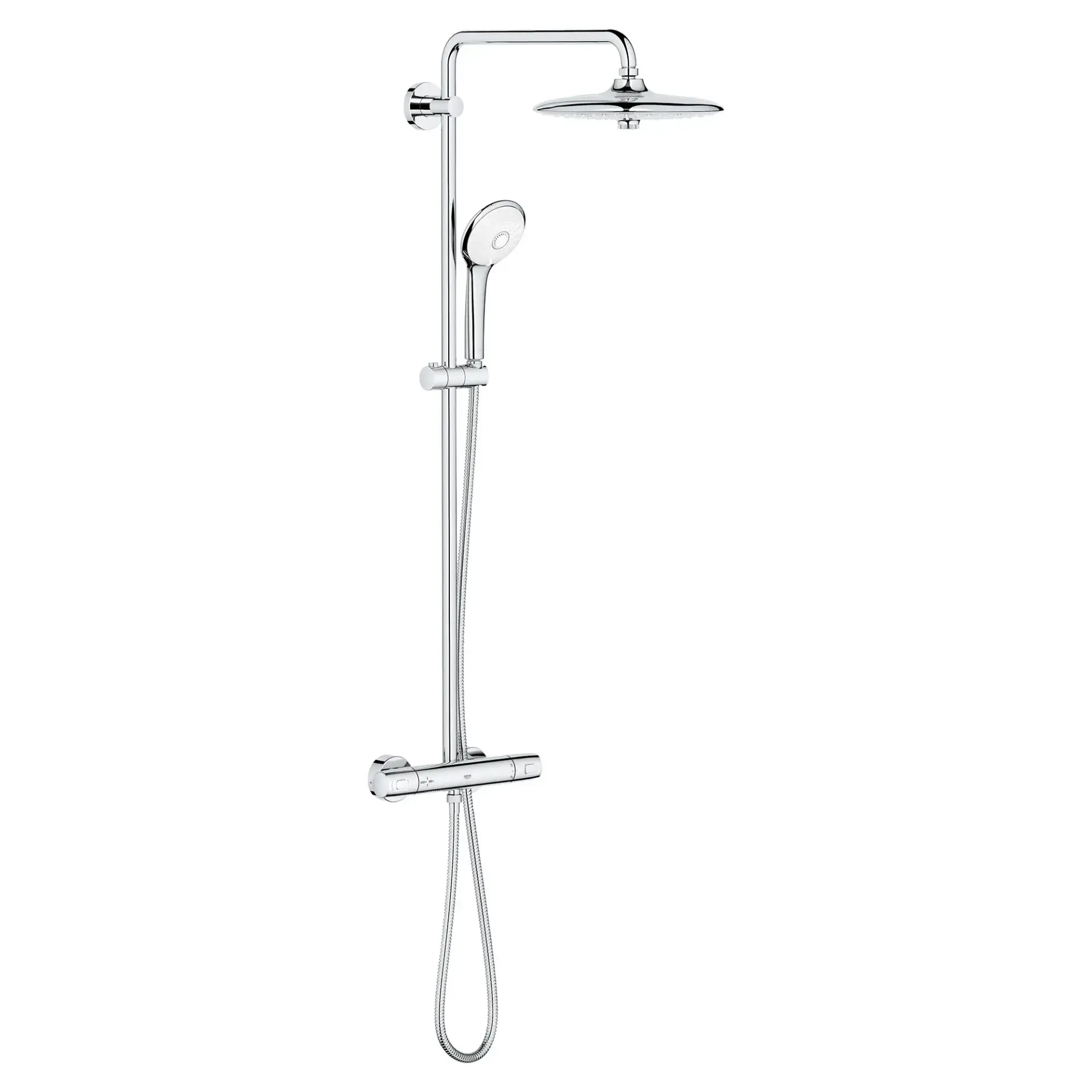 A shower head with a hose attached to it on a white background.