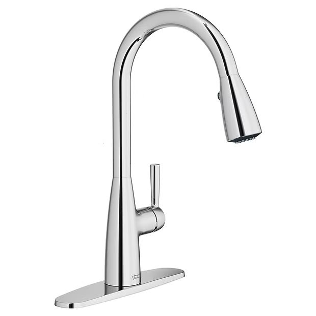 A chrome kitchen faucet with a pull down sprayer