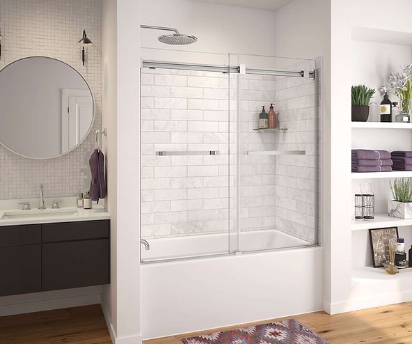 A bathroom with a bathtub , sink , mirror and shelves.