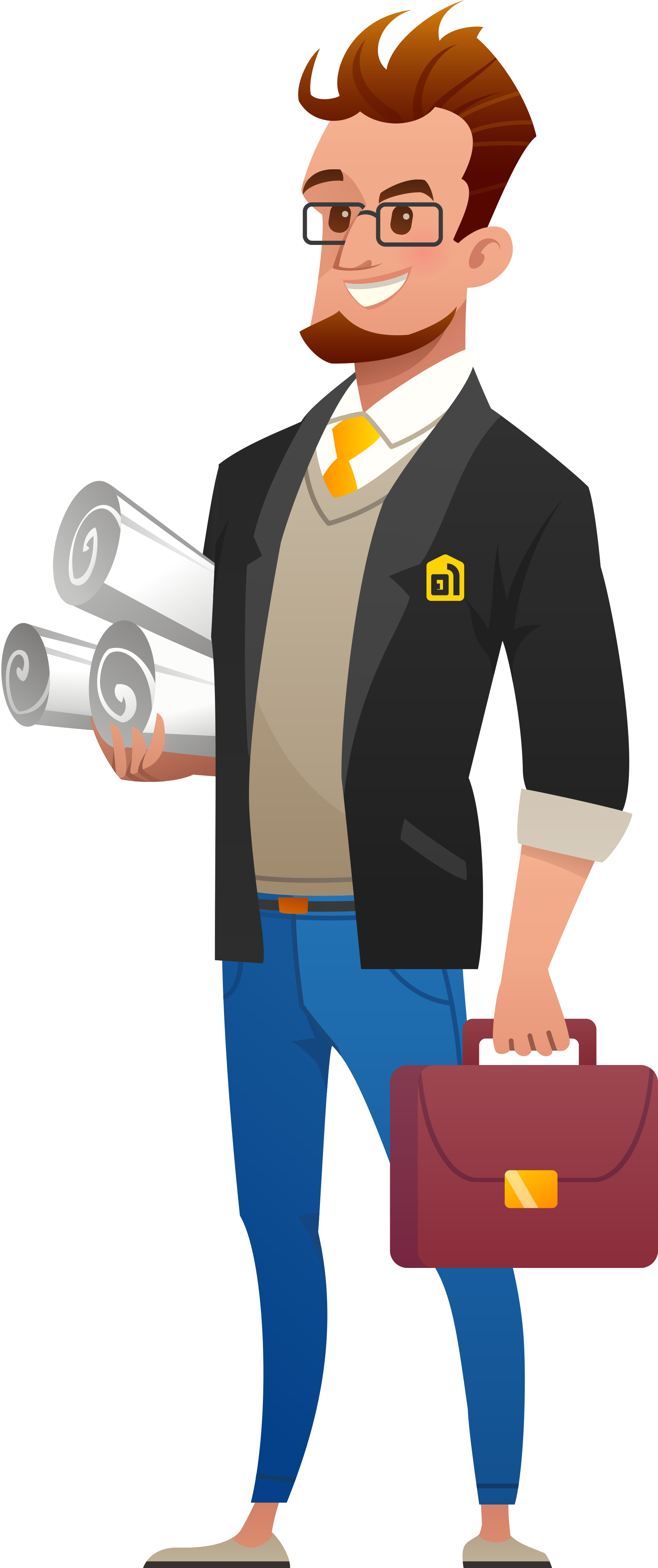 A man in a suit and tie is holding a briefcase and rolls of paper.