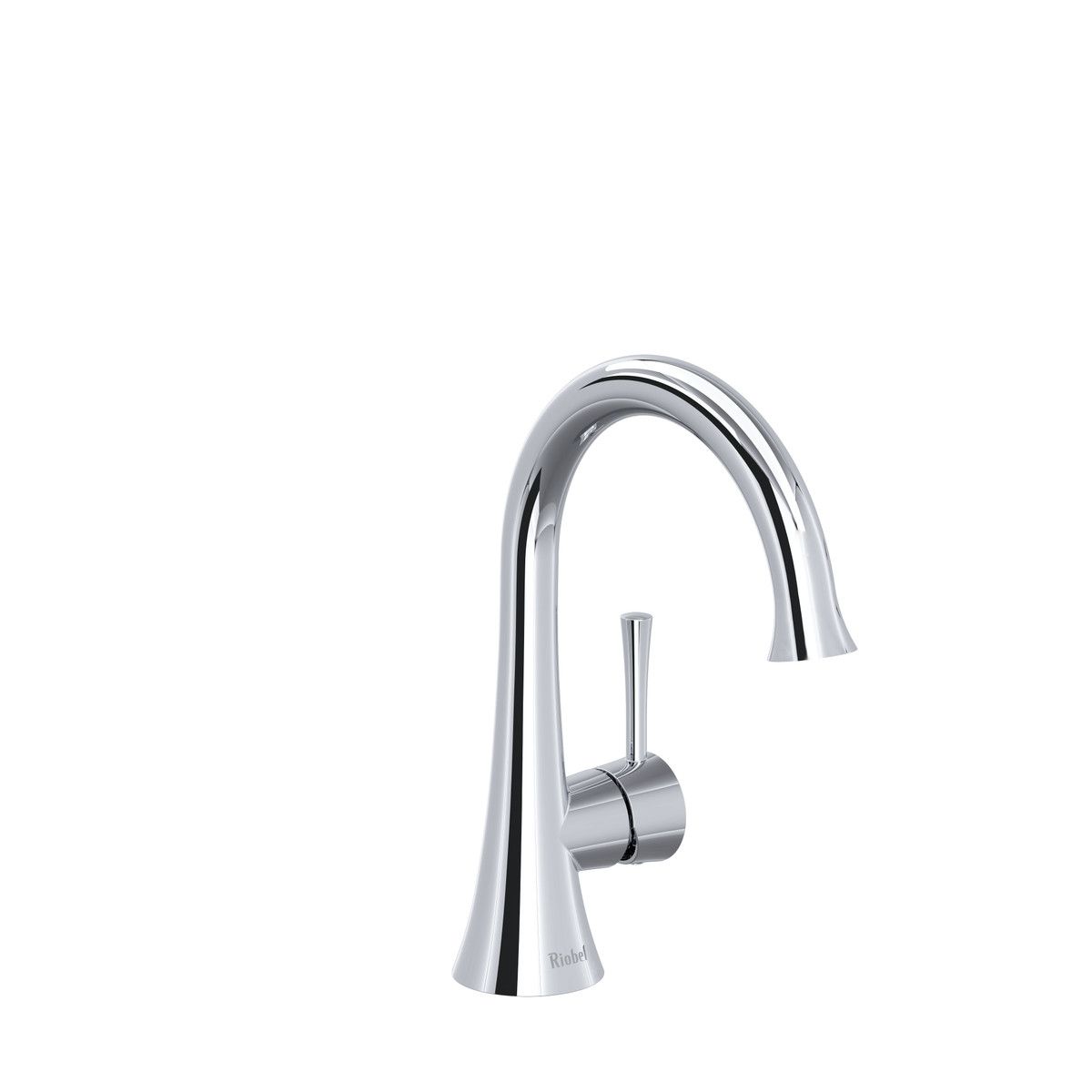 A close up of a chrome kitchen sink faucet on a white background.