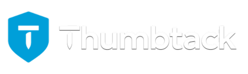 A logo for thumbtack with a blue shield on a white background