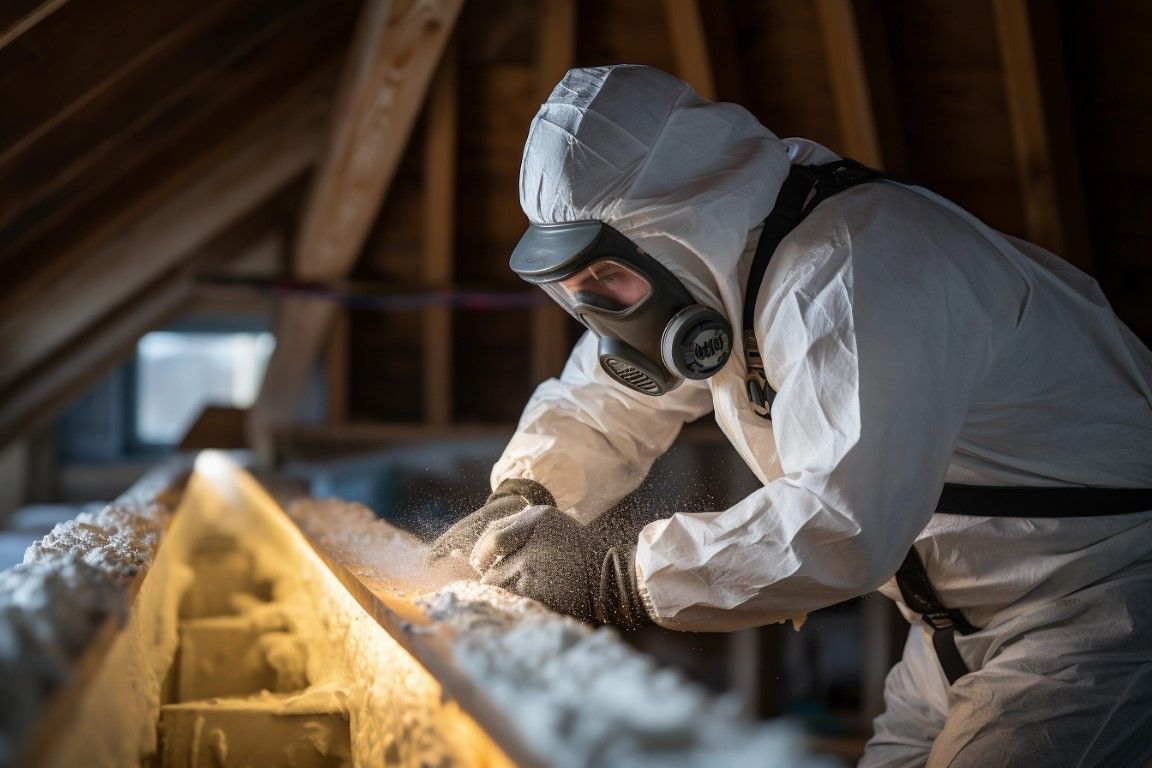 Worker in protective suit inspecting insulation in an attic with a flashlight