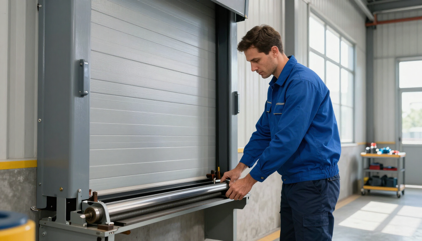 Worker in blue jacket adjusting a roll-up loading dock door in a warehouse