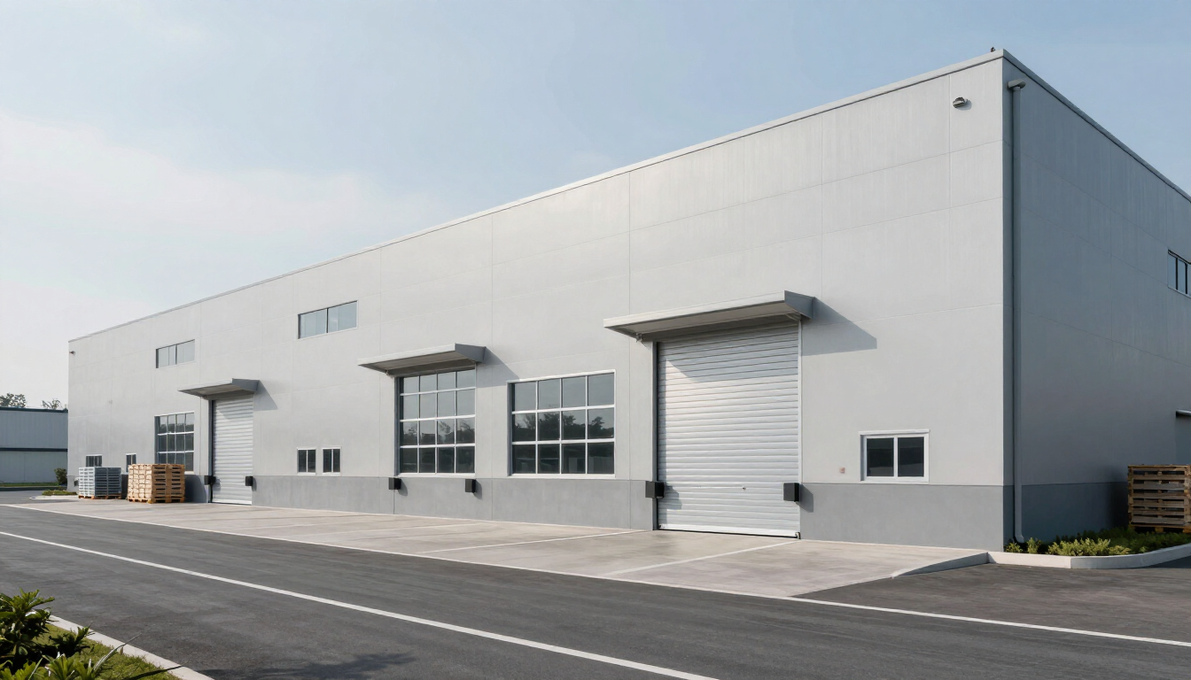 White industrial warehouse building with loading docks and garage doors beside an empty road