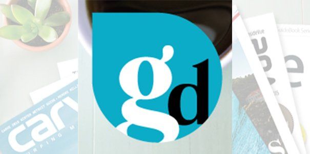 A blue and white logo with the letter g on it