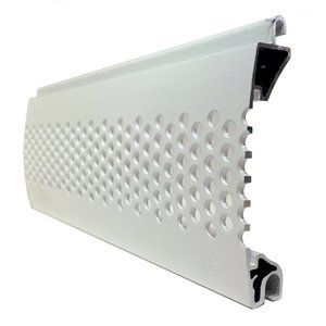 A white aluminum shutter with holes in it on a white background.