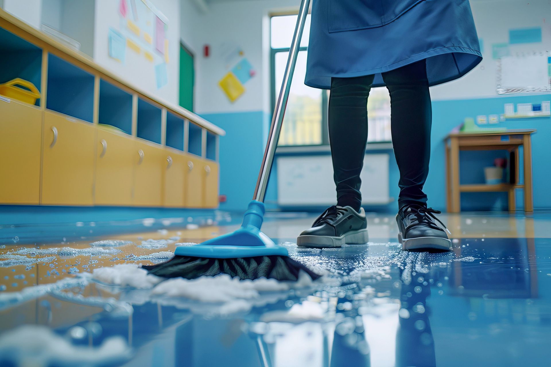commercial cleaning - person with blue gloves and antibacterial spray bottle polishing a hard serface with a yellow cloth