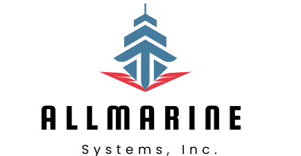 The logo for allmarine systems inc. has a boat on it