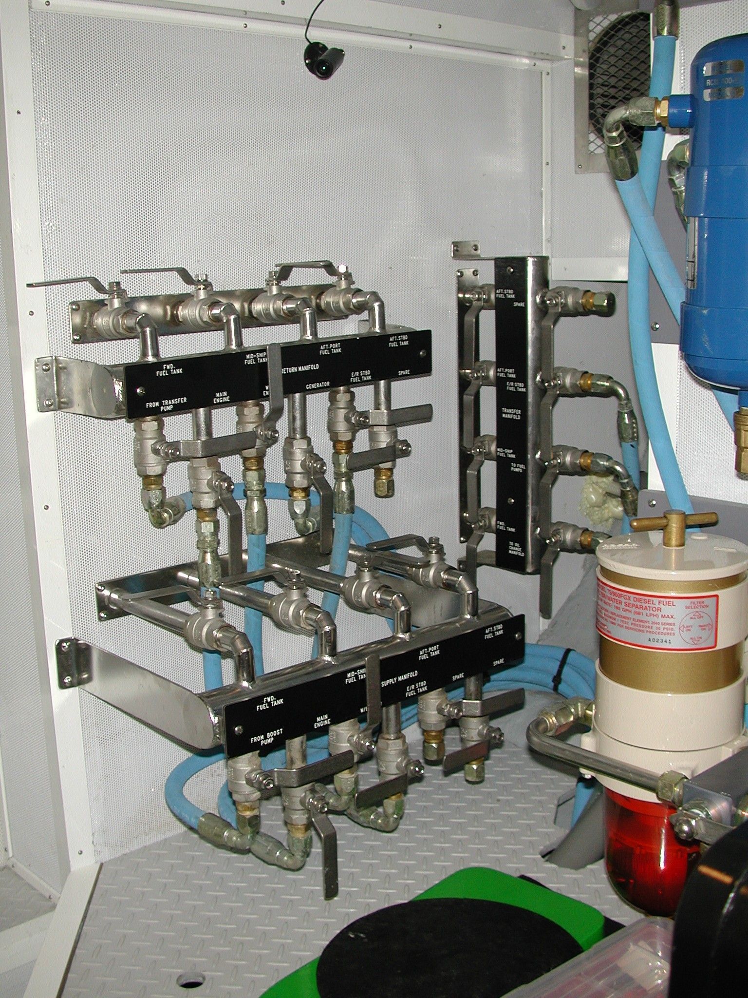 A room with a lot of pipes and valves on it