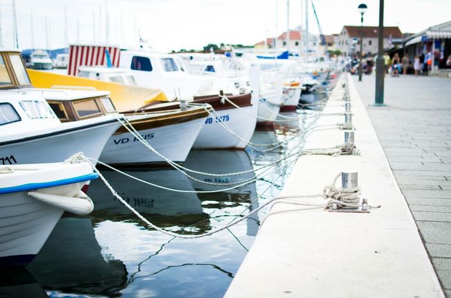 A row of boats are docked in a harbor and one of them has the number v12 on it