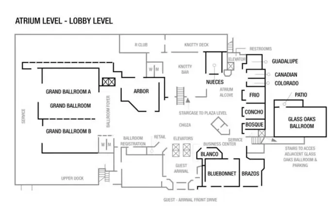 Floor plan of a hotel atrium level, showing ballrooms, bars, restrooms, and outdoor patio access.