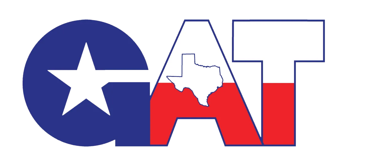 Logo with the letters "GAT" stylized with the Texas flag colors: blue circle with star, then letters filled with the flag.