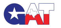 Logo with the letters "GAT" stylized with the Texas flag colors: blue circle with star, then letters filled with the flag.