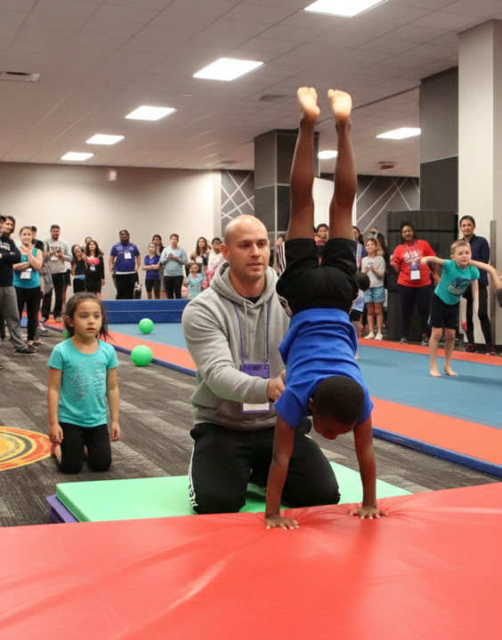 Man assisting child doing a handstand on a red mat, other children watch, indoors.