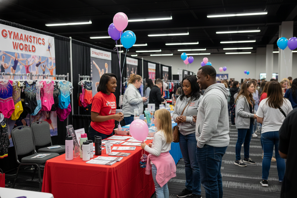 Gymnastics World booth at a convention; family conversing with staff; balloons overhead.