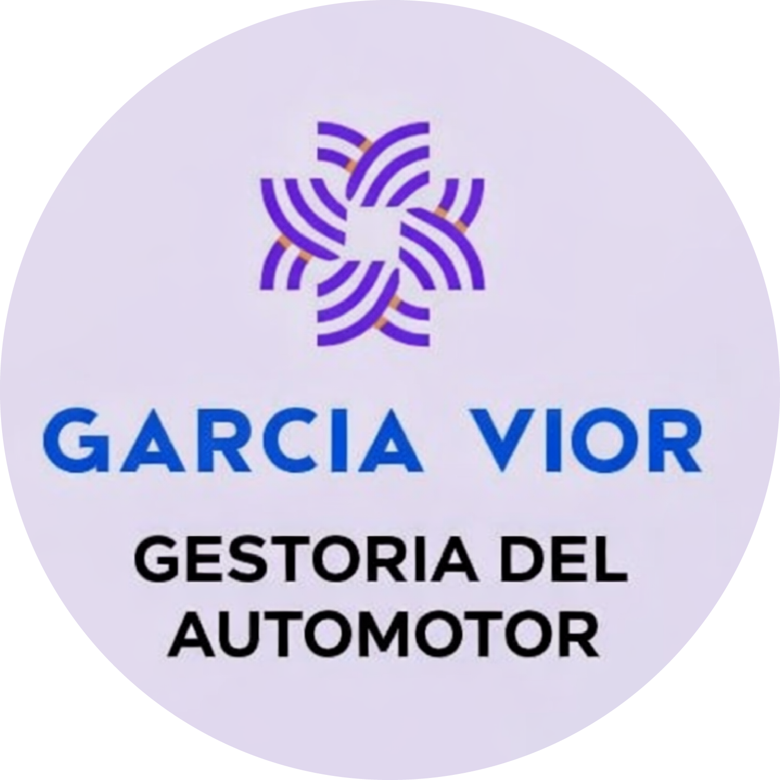 Logotipo para Garcia Vior Gestoria del Automotor con diseño de flor morada, texto en azul y negro dentro de un círculo lavanda.