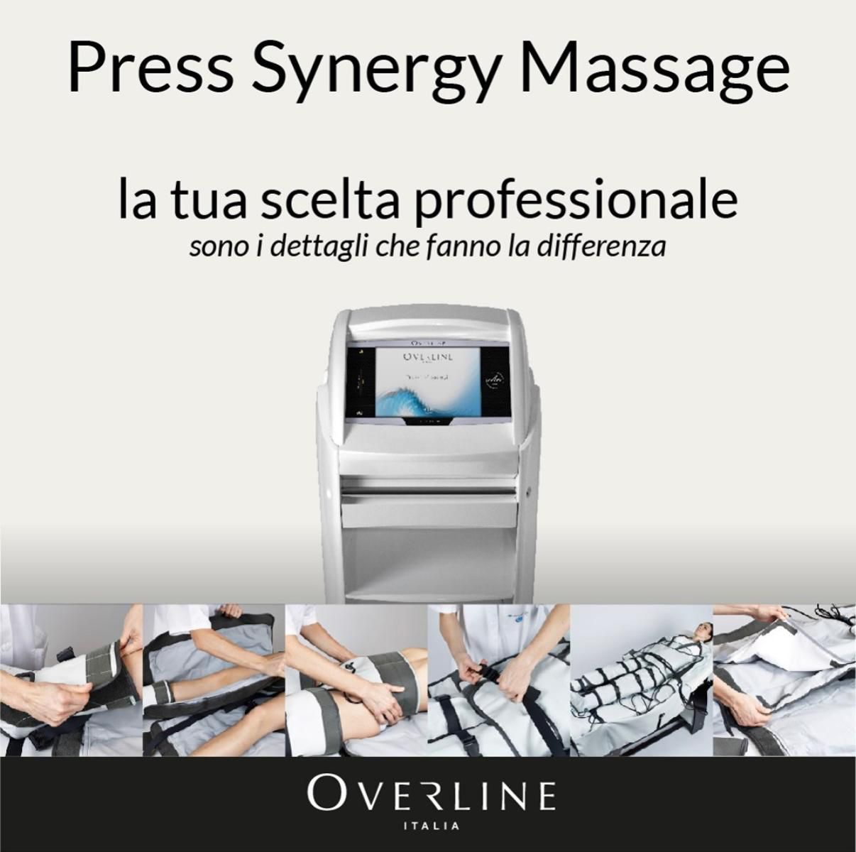 Stampa Macchina per massaggi Synergy con persone che la utilizzano, testo in italiano.