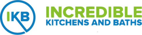 Logo for Incredible Kitchens and Baths, with green and blue text, and a blue circle with 